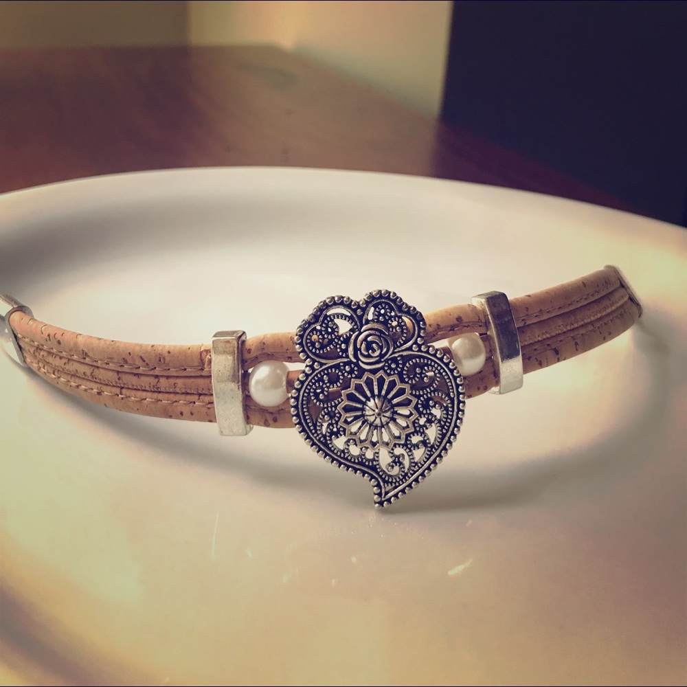 Cork bracelet w silver medallion. From Portugal